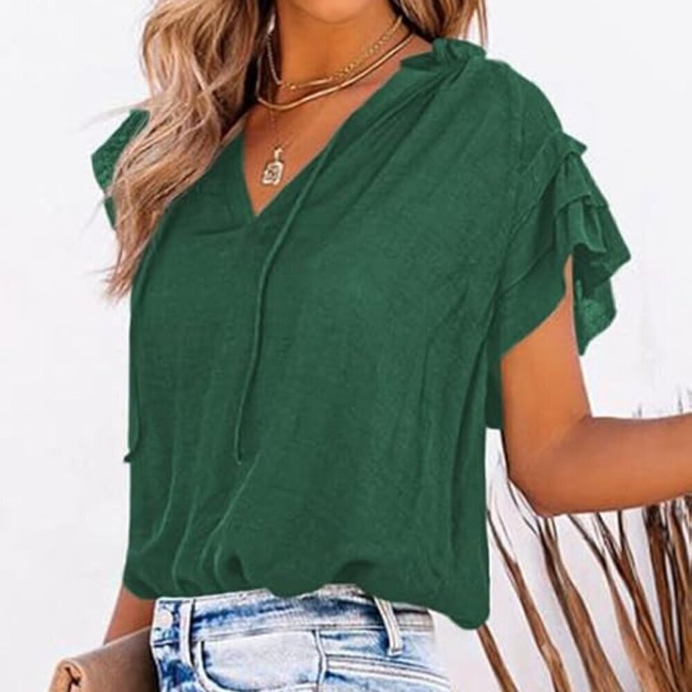 Dokotoo V-Neck Top Adjustable Drawstring Ruffled Cap Sleeves Deep Green W US XL - Picture 6 of 7